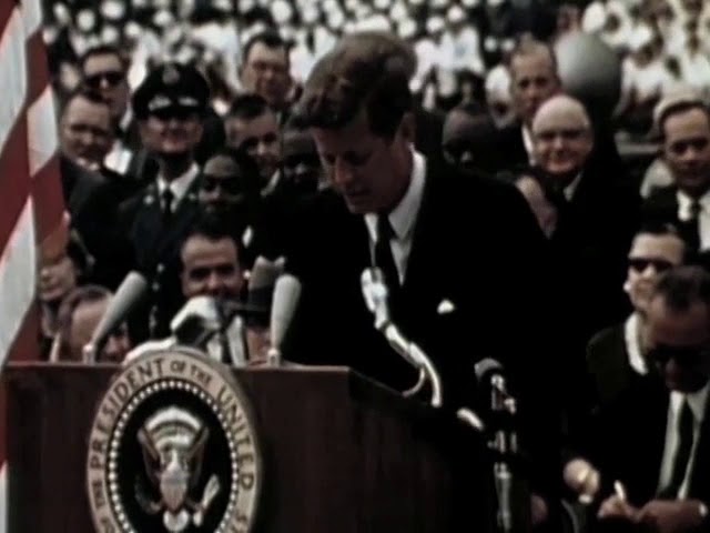 President John F. Kennedy at the podium during his 1962 &ldquo;We choose to go to the Moon&rdquo; speech at Rice University